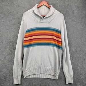 Carbon Mens Small Shawl Collar Pullover Sweater Gray‎ Multi Color Stripe Knit